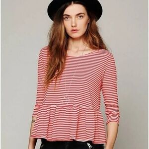 We The Free Red & White Striped Cropped 3/4 Length Babydoll Peplum Shirt Size XS